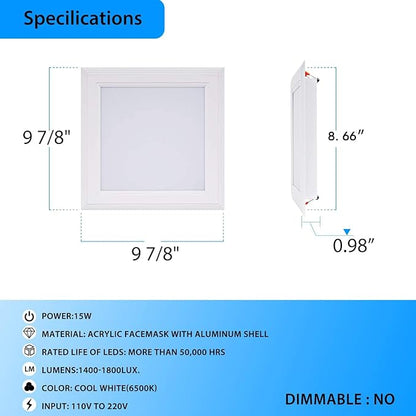 (OD 9.84" / ID 8.66") 15W Square LED Recessed Ceiling Light LED Downlight 130 Watt Equivalent 1400 Lumens 6000K Cool White with Open Trim,1Pack