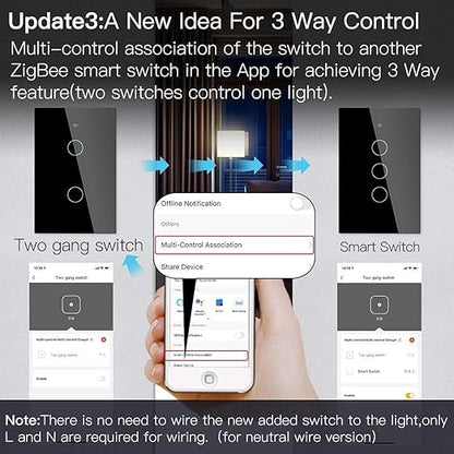 MOES ZigBee Smart Touch Wall Light Switch,Requires Tuya ZigBee Hub,No Neutral Wire/N+L Wiring,No Capacitor,Smart Life Tuya 2/3 Way Remote Control, Work with Alexa Google Home, 2MQTT,2 Gang Black