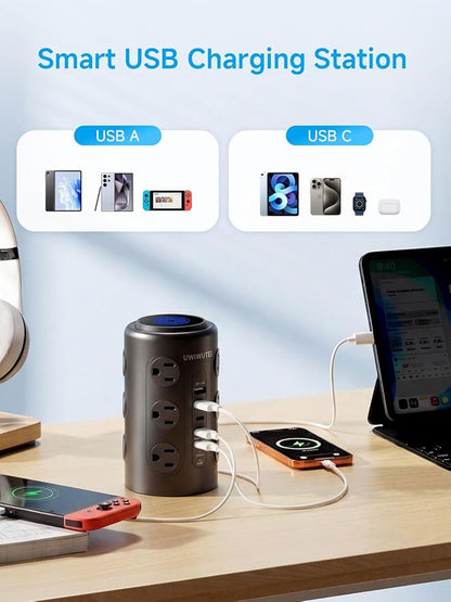 Tower Power Strip with Night Light,PD20W USB C Power Strip Tower with Multiple Outlets, 12 Outlets,5 USB Ports (3 USB-C), 6FT Extension Cord Desk Charging Station for Home,Office,Dorm Essentials,Black