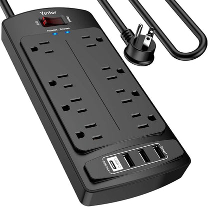 Yintar 10Ft Surge Protector Power Strip with 8 Outlets and 4 USB Ports | 10 Feet Flat Plug Extension Cord with Multiple Outlets for Home, Office, Dorm Essentials, 2700 Joules, ETL, Black