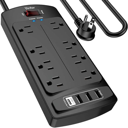 Yintar 10Ft Surge Protector Power Strip with 8 Outlets and 4 USB Ports | 10 Feet Flat Plug Extension Cord with Multiple Outlets for Home, Office, Dorm Essentials, 2700 Joules, ETL, Black