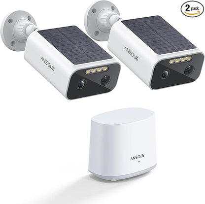 ANSQUE Solar Security Cameras Wireless Outdoor, 2-Cam-Kit, 2K Home Security Camera System, 365-Day Battery Life, No Subscription Fee, Easy to Install, Color Night Vision, Local Storage