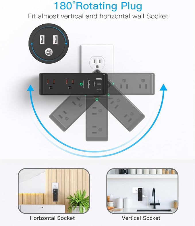 Surge Protector Outlet Extender, Multi Plug Wall Outlet,Rotating Plug,Black