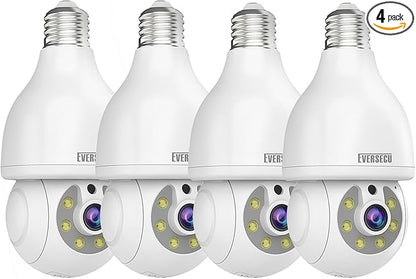 EVERSECU HD 2K 3.0MP Wireless Lightbulb Security Camera with E27 Light Connector, Motion Auto Tracking PTZ, 2 Way Audio, Spotlight Night Vision, Free APP, WiFi Screw-in CCTV Camera, White(4pack)
