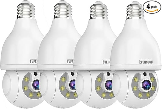 EVERSECU HD 2K 3.0MP Wireless Lightbulb Security Camera with E27 Light Connector, Motion Auto Tracking PTZ, 2 Way Audio, Spotlight Night Vision, Free APP, WiFi Screw-in CCTV Camera, White(4pack)