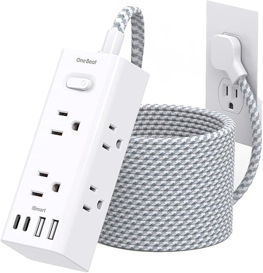 Flat Plug Extension Cord 25Ft, One Beat 900J Surge Protector Power Strip 25 Ft Long Cord with 6 Widely Outlets 4 USB Ports (2 USB C), Wall Outlet Extender Charging Station for College Dorm Room Office