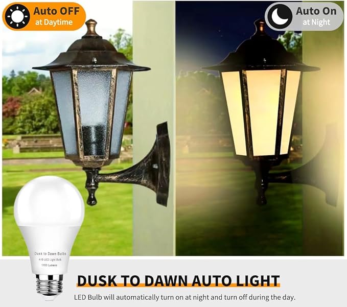 4 -Pack Dusk to Dawn LED Light Bulbs Outdoor,75 Watt Equivalent, Light Sensor 10W A19,3000K Soft White 1100 Lumens, Auto on/Off Photocell Automatic for Outdoor Lighting