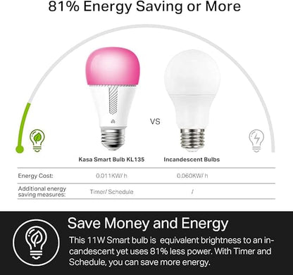 Kasa Smart Bulb,1000 Lumens Full Color Changing Dimmable Smart WiFi Light Bulb Compatible with Alexa and Google Home,11W,A19,2.4Ghz only,No Hub Required (KL135P2),White,(Pack of 4)