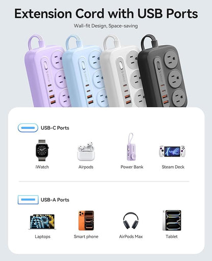 ORICO Surge Protector Power Strip, PD20W Multiple Outlets Extension Cord with 6 AC Outlets and 4 USB Charging Ports (2 USB-C), 45° Flat Plug, 5 Ft Mountable Outlet Extender for Home/Office/Dorm - OG