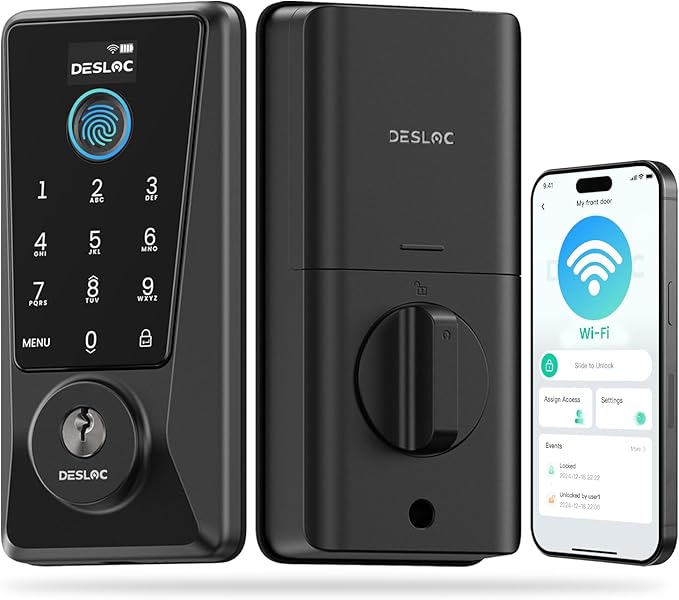 DESLOC WiFi Smart Lock D110 Plus, Built-in Wi-Fi No Hub Needed, Fingerprint Keyless Entry Front Door Lock, Touchscreen Keypad Deadbolt with Backlit, APP Control, Auto Lock, Anti-Peep PIN, BHMA Grade 3