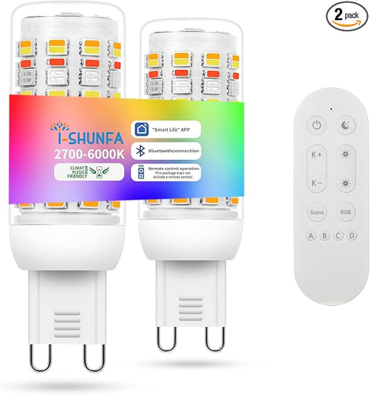 I-SHUNFA Smart G9 RGBCW LED Bulbs, App & Remote Control, AC 120V, 2700K-6500K + 16M Colors, Dimmable 1%-100%, 4W 400LM, Music Sync, Timer (2 Pack with Remote)