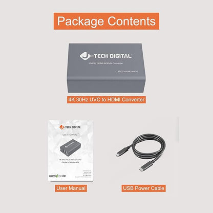 J-Tech Digital UVC to HDMI Converter Adapter 4K 30Hz, USB Camera to HDMI Output with On-Screen Controls, Live Streaming Support, Camera Charging, Works with UVC Webcams Capture Cards [JTECH-UHC-4K30]