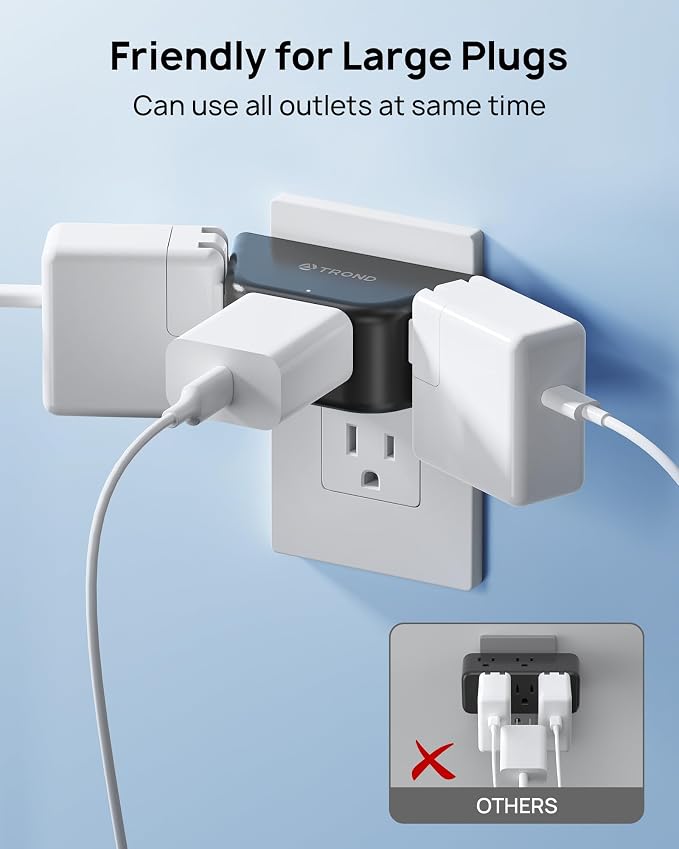 TROND Multi Plug Outlet 3 Pack, Wall Extender with 3-Prong Grounded Sockets | 3 Way Angled Outlet Adapter, Cruise Essentials, Small Multiple Expander for Travel, Home, Hotel, Dorm Room, Black