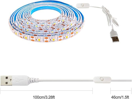 5V USB LED Strip Lights, Warm White 3500K 9.84ft SMD 2835 IP65 Waterproof 180 LEDs Plug and Play Rope Light Strips with Switch for Bedroom, Kitchen Decoration