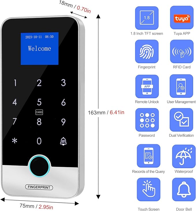 Waterproof Smart Home Security Systems Fingerprint,Password,Tuya Remote Unlock,IC Keychain Multiple Methods，with Door Switch,Power Supply DC 12V,(Electric Lock)