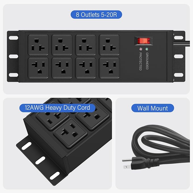 CCCEI 2PCS 12 Gauge Heavy Duty Power Strip, 8 Ports. Black, 15FT.