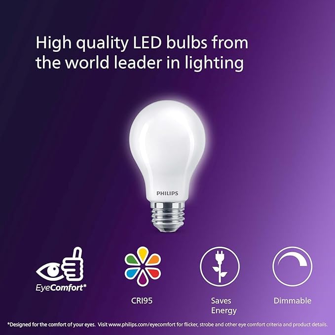 PHILIPS LED 60W A19 8-Pack Ultra Definition Daylight (5000K) 800 Lumen (8W = 60W) Dimmable Frosted Flicker-Free Light Bulbs