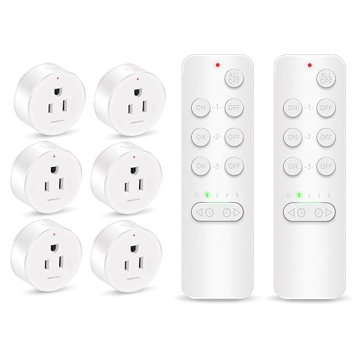Remote Control Outlet, GREENCYCLE Remote Timer Switch, Plug in Light Switch Outlet, 500ft Range, 15A/1500W, for Lights, Fans, Christmas Lights, Household Appliance, 2Remotes 6Outlets