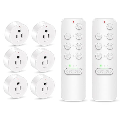 Remote Control Outlet, GREENCYCLE Remote Timer Switch, Plug in Light Switch Outlet, 500ft Range, 15A/1500W, for Lights, Fans, Christmas Lights, Household Appliance, 2Remotes 6Outlets