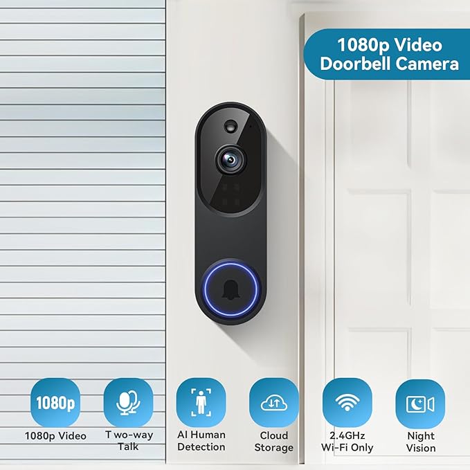 Guggre Doorbell Camera M52, Security Camera Outdoor/Indoor, 1080 HD with Night Vision, 4 Infrared Lights, 120° Wide View, Motion Detection Notification, Works with Smartphone, Wireless, Online Support