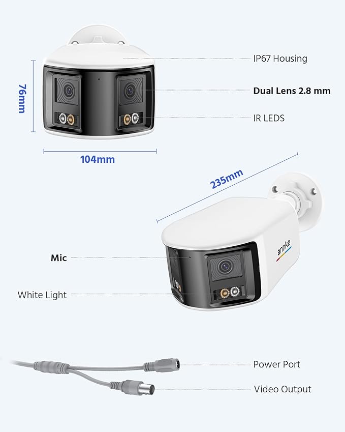 ANNKE 5MP Analog Dual-Lens Security Camera, 180°Wide Angle, Smart Dual Light, 130dB, One-Way Audio, IP67, Wired Add-On Bullet Camera for TVI Analog CCTV DVR System (DVR Required, Not Included)