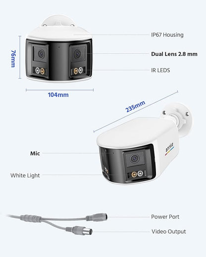 ANNKE 5MP Analog Dual-Lens Security Camera, 180°Wide Angle, Smart Dual Light, 130dB, One-Way Audio, IP67, Wired Add-On Bullet Camera for TVI Analog CCTV DVR System (DVR Required, Not Included)