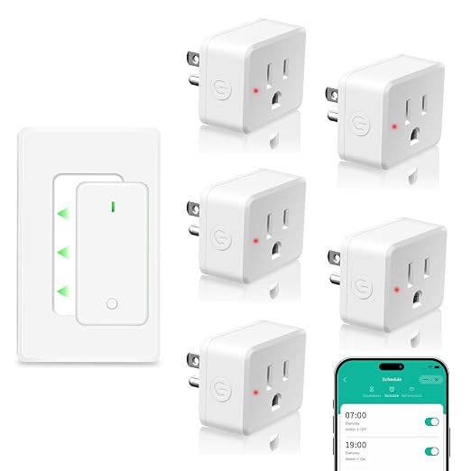 NineLeaf Slim WiFi Smart Plug w Switch, Remote App Control, 15A/1500W, Compatible with Alexa/Google Home via Tuya, Compact Design Control Anywhere,Timer/Schedule, TUV FCC, 2.4G Only(1Remote 5Outlets)