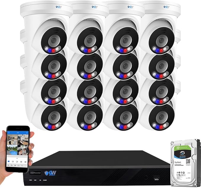 GW Security 32 Channel NVR UltraHD 12MP 4K @30FPS Face/Human/Vehicle Detection PoE Security Camera System with 16 x 12MP (4512x2512) IP Microphone Outdoor & Indoor AI Dome Cameras, Color Night Vision