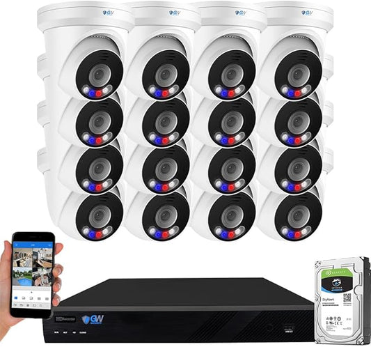 GW Security 32 Channel NVR UltraHD 12MP 4K @30FPS Face/Human/Vehicle Detection PoE Security Camera System with 16 x 12MP (4512x2512) IP Microphone Outdoor & Indoor AI Dome Cameras, Color Night Vision
