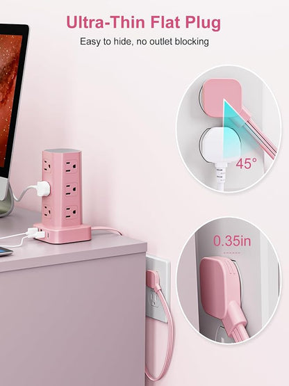 Power Strip Tower Surge Protector, 6FT Flat Plug Extension Cord with Multiple Outlets, 12 AC Outlets 4 USB (2 USB C), Desktop Charging Station with Surge Protection for Home Office Dorm Room, Pink