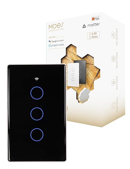 MOES Matter Smart Light Switch, 2.5D Glass Touch Wall Switch, Single Pole, Neutral Wire Required,2.4GHz Wi-Fi, Timer & Schedule, Remote & Voice Control with Alexa & Google Home, Black 3 Gang