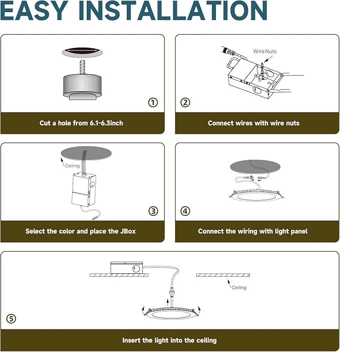 ECOELER 6 Pack 6 Inch 5CCT Ultra-Thin LED Recessed Ceiling Light with Junction Box, 2700K/3000K/4000K/5000K/6000K Selectable, 12W, 1100Lm, Dimmable Canless Recessed Lighting, ETL&FCC Listed