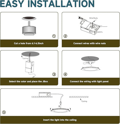 ECOELER 6 Pack 6 Inch 5CCT Ultra-Thin LED Recessed Ceiling Light with Junction Box, 2700K/3000K/4000K/5000K/6000K Selectable, 12W, 1100Lm, Dimmable Canless Recessed Lighting, ETL&FCC Listed