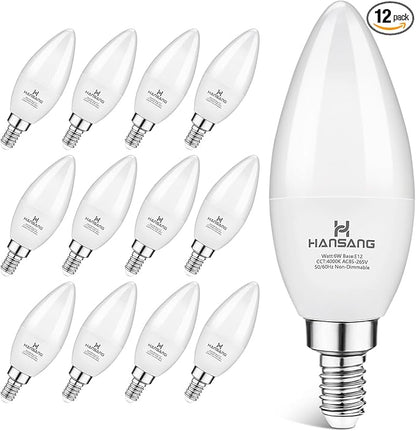 12 Pack E12 LED Candelabra Light Bulbs 60W Equivalent, 4000K Natural White, Chandelier Bulb Small Base, 600 Lumens CRI85+ 120V Type B Candle Light, 6W B11 for Ceiling Fan, Non-Dimmable