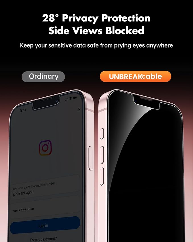 UNBREAKcable Privacy Screen Protector for iPhone 17e, Shatterproof Tempered Glass [True 28°Anti Spy] [9H Hardness] [Easy Installation Frame] Private Protector for iPhone 17e 6.1inch-2 Pack