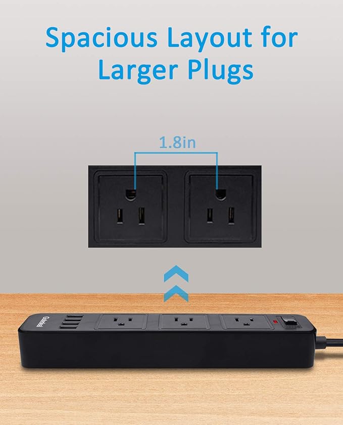 10FT 2 Prong Power Strip, USB Power Strip with 10ft Extension Long Cord, 3-Outlet Surge Protector with 4 USB Charging Ports for Smartphone, Black, 2 Pronged
