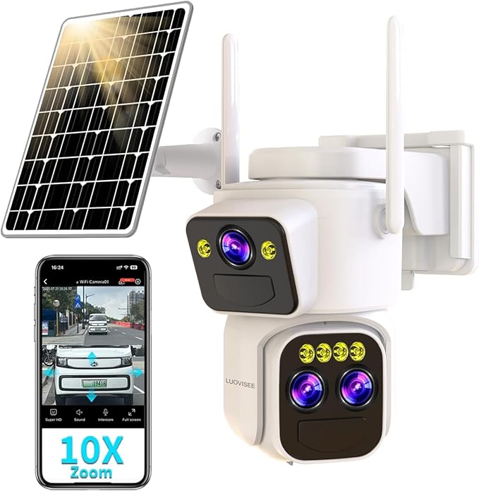 Triple-Lens Solar Security Cameras Wireless Outdoor, 360 PTZ Cameras for Home Security with 10x Hybrid Zoom, 5G/2.4G WiFi, No Month Fee, PIR Alarm, Full Color Night Vision, Two-Way Audio, IP65