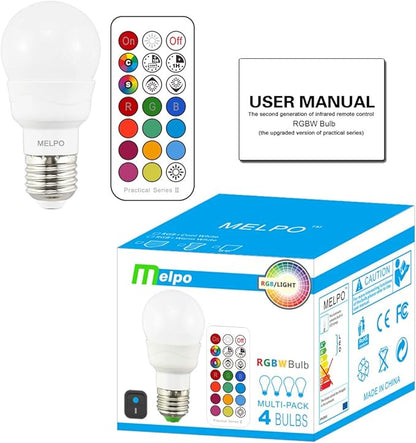 MELPO LED Color Changing Light Bulb with Remote Control, 5W 40W Equivalent, 470 LM,5700K, E26 Dimmable RGB Light Bulbs for Birthday Party/KTV Decoration/Household/Bar/Wedding (Pack of 4)
