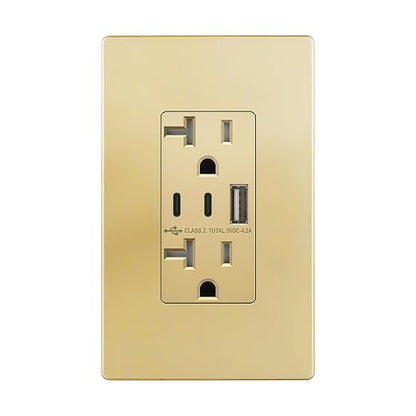 TOPGREENER 4.2A 21W 3-Port Type C USB Outlet, 20 Amp Receptacle Plug, Charging Power Outlet with Dual Type C&A Ports, Screwless Wall Plate Included, UL Listed, TU22042AC2-GDWSI, Gold