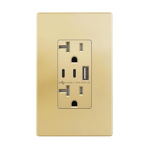 TOPGREENER 4.2A 21W 3-Port Type C USB Outlet, 20 Amp Receptacle Plug, Charging Power Outlet with Dual Type C&A Ports, Screwless Wall Plate Included, UL Listed, TU22042AC2-GDWSI, Gold