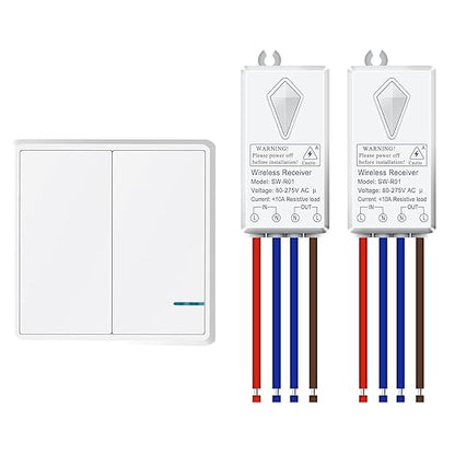 NineLeaf Smart Light Switch Receiver Kit, Wireless Light Switch Kit, Light Switch Panel Remotely Control 130ft Indoor 1900ft Outdoor, No Wiring Required without Tearing Wall 1x2-gang Switch 2 Receiver