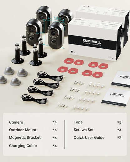 ZUMIMALL Security Cameras Wireless Outdoor, 4 Packs, 2K Cameras for Home Security, Outdoor/Indoor Camera Battery Powered, 2.4G WiFi, Magnetic Mount,3MP Color Night Vision/Siren/PIR/AI/Cloud/Alexa