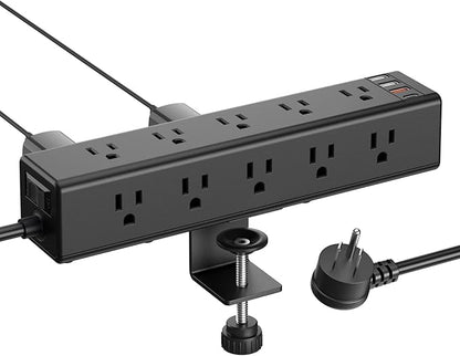 CCCEI Standing Desk Clamp Power Strip with 15 Outlets, Black Desktop Edge Mount Surge Protector Outlet, Fast Charging USB-A and 45W USB-C Ports, 10 FT Flat Plug, Black Fit 1.6 inch Table top.