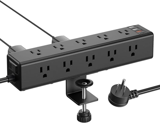 CCCEI Standing Desk Clamp Power Strip with 15 Outlets, Black Desktop Edge Mount Surge Protector Outlet, Fast Charging USB-A and 65W USB-C Ports, 15 FT Flat Plug, Black Fit 1.6 inch Table top.