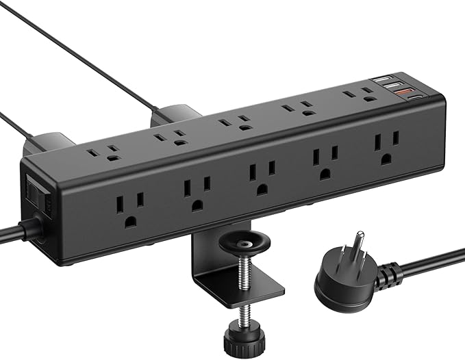 CCCEI Standing Desk Clamp Power Strip with 15 Outlets, Black Desktop Edge Mount Surge Protector Outlet, Fast Charging USB-A and 65W USB-C Ports, 4 FT Flat Plug, Black Fit 1.6 inch Table top.