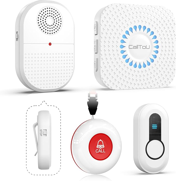 CallToU Wireless Caregiver Pager, Waterproof SOS Call Button for Elderly at Home, Life Saver Alert System for Stroke/Parkinson/Patient, 500ft Range Vibrating Receiver for Hard of Hearing (2+2 Pack)