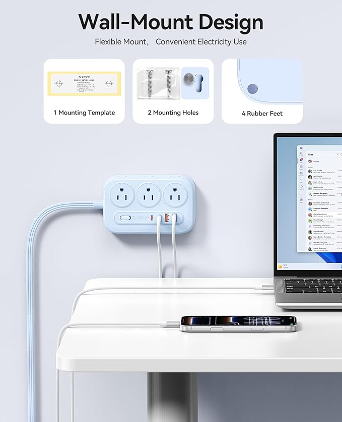 ORICO Surge Protector Power Strip, PD20W Multiple Outlets Extension Cord with 6 AC Outlets and 4 USB Charging Ports (2 USB-C), 45° Flat Plug, 10 Ft Mountable Outlet Extender for Home/Office/Dorm - OG
