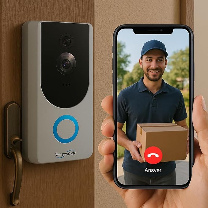 Supersonic SC-5000VD Smart WiFi Doorbell Camera, with 1080P HD Video Recording, Voice Call Intercom, Infrared Night Vision, Remote Monitor, Intercom, Trigger, Built-in SD Card, No Wire Connection