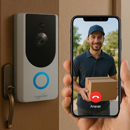 Supersonic SC-5000VD Smart WiFi Doorbell Camera, with 1080P HD Video Recording, Voice Call Intercom, Infrared Night Vision, Remote Monitor, Intercom, Trigger, Built-in SD Card, No Wire Connection