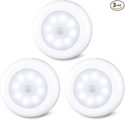 STAR-SPANGLED 3 Pack 3.1” Motion Sensor Lights Indoor AA Battery Operated, Stick on LED Puck Light for Closet, Stairs, Under Cabinet, Kitchen, Cool White